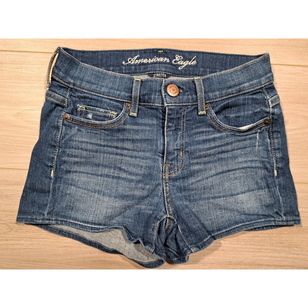American Eagle Stretch Denim Shorts Womens 00 Blue Low Rise Medium Wash 3587